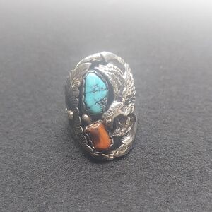Beautiful Mens Silver Ring with Turquoise and Coral Accents